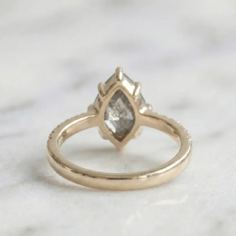 1.25 Ct Salt and Pepper Step Cut Marquise Grey Color Solitaire Diamond Pave Setting 10K Yellow Gold Art Deco Engagement - Wedding Or Promise Ring