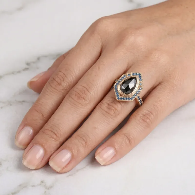 Black Pear Diamond Engagement Ring, Vintage Art Deco Blue Diamond Halo Ring, Unique Yellow Gold Teardrop Ring, Alternative Bridal Jewelry