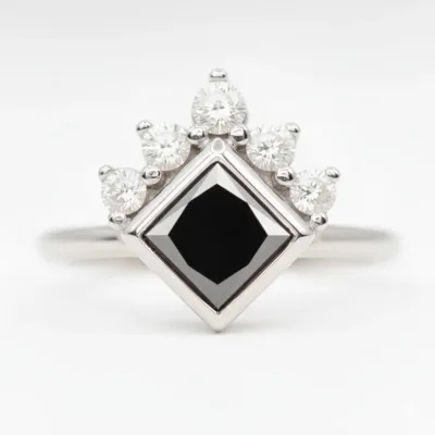 3.25 Ct Natural Black Princess Diamond 14k Gold Bezel Set Art Deco Crown Engament & Wedding Ring Gift For Her