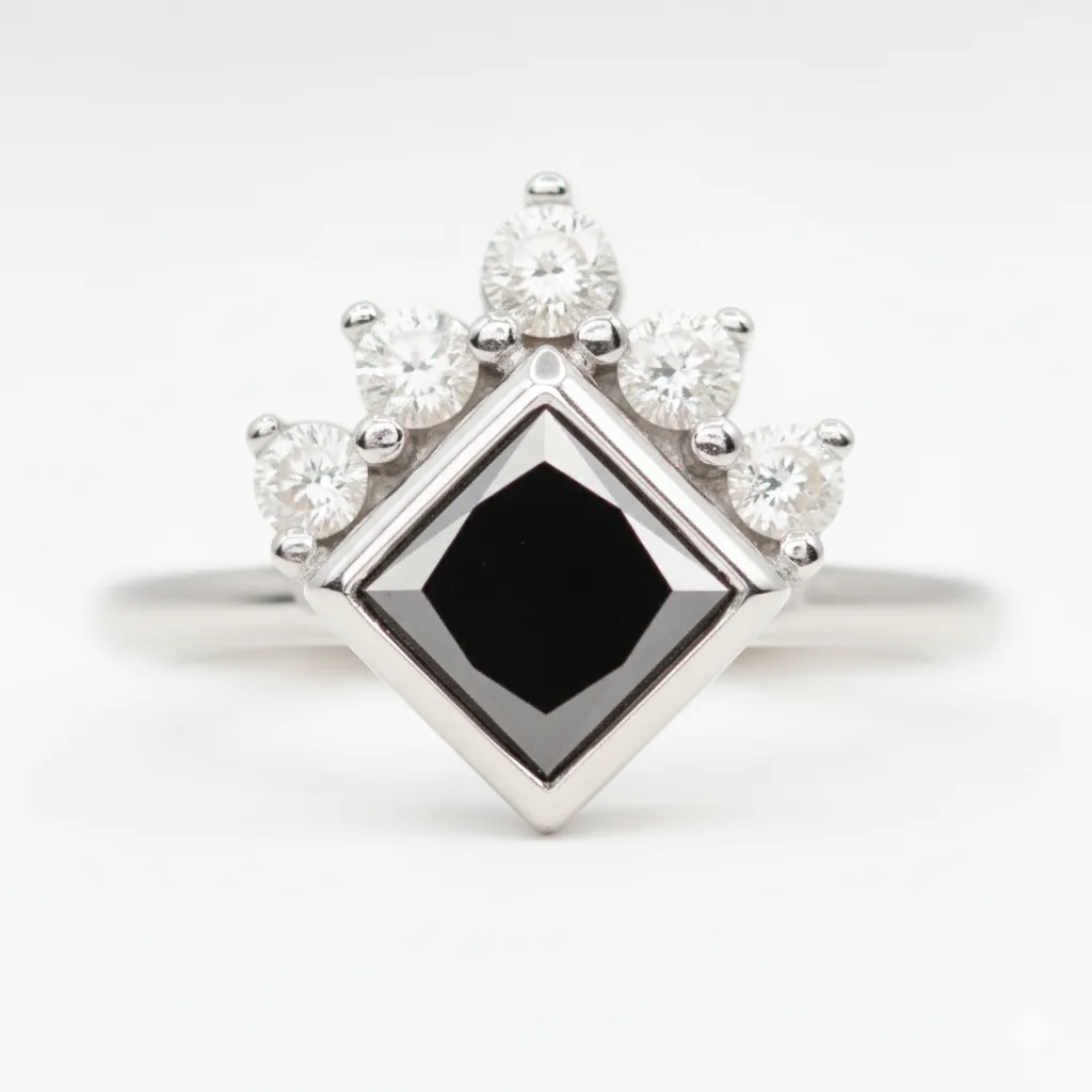 3.25 Ct Natural Black Princess Diamond 14k Gold Bezel Set Art Deco Crown Engament & Wedding Ring Gift For Her