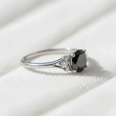 Round Black Diamond Engagement Ring in 14K White Gold, Art Deco Dainty Promise Ring, Unique Wedding Ring for Women, Vintage Style Anniversa
