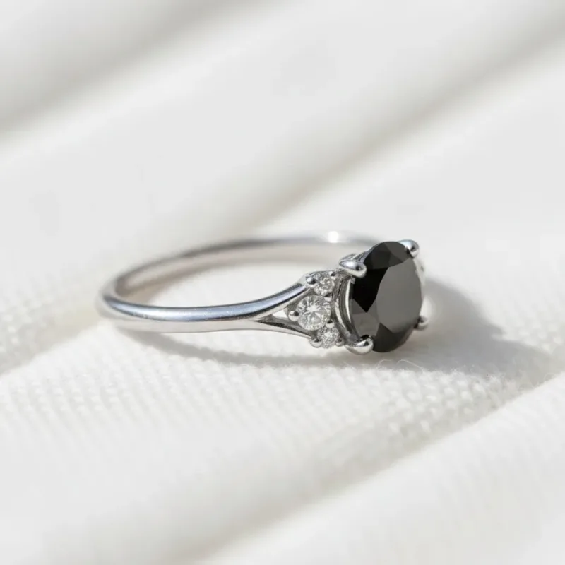 Round Black Diamond Engagement Ring in 14K White Gold, Art Deco Dainty Promise Ring, Unique Wedding Ring for Women, Vintage Style Anniversa