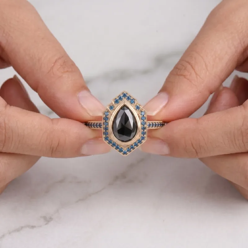 Black Pear Diamond Engagement Ring, Vintage Art Deco Blue Diamond Halo Ring, Unique Yellow Gold Teardrop Ring, Alternative Bridal Jewelry