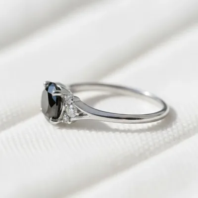 Round Black Diamond Engagement Ring in 14K White Gold, Art Deco Dainty Promise Ring, Unique Wedding Ring for Women, Vintage Style Anniversa
