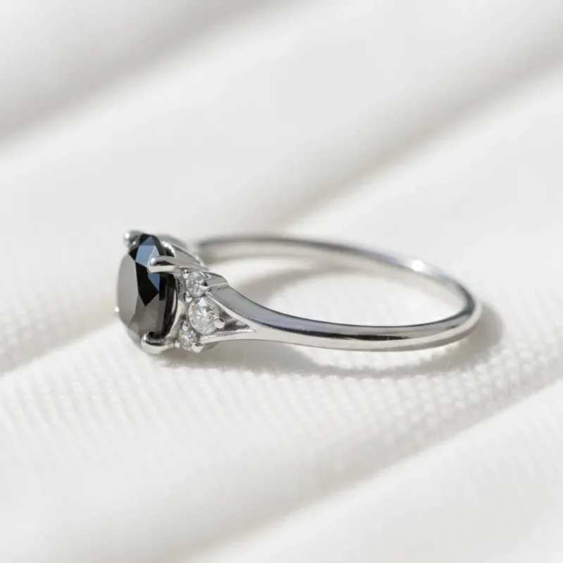 Round Black Diamond Engagement Ring in 14K White Gold, Art Deco Dainty Promise Ring, Unique Wedding Ring for Women, Vintage Style Anniversa