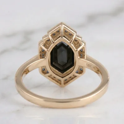 Black Pear Diamond Engagement Ring, Vintage Art Deco Blue Diamond Halo Ring, Unique Yellow Gold Teardrop Ring, Alternative Bridal Jewelry