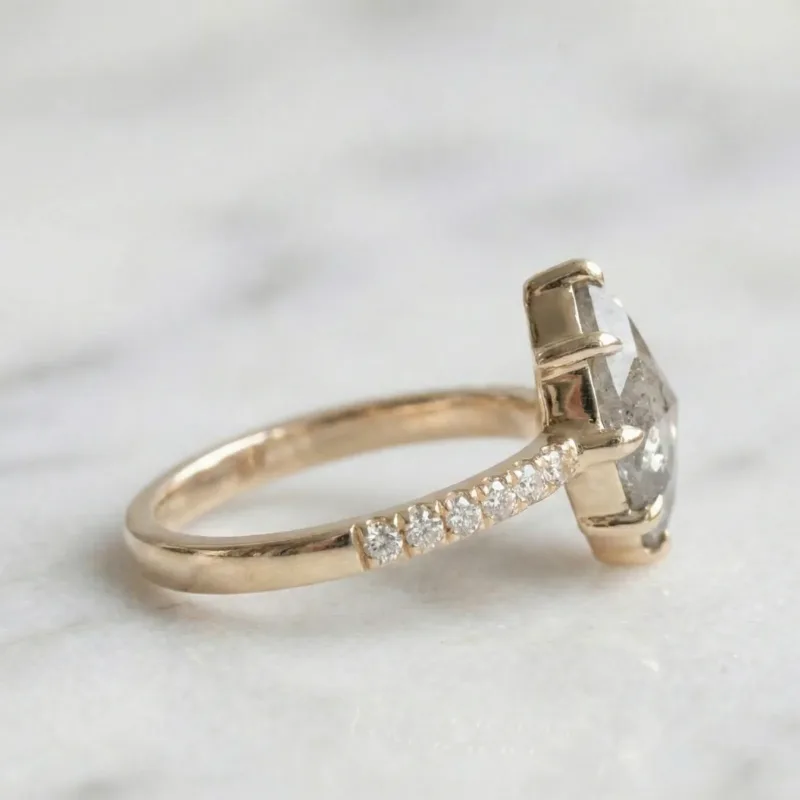 1.25 Ct Salt and Pepper Step Cut Marquise Grey Color Solitaire Diamond Pave Setting 10K Yellow Gold Art Deco Engagement - Wedding Or Promise Ring