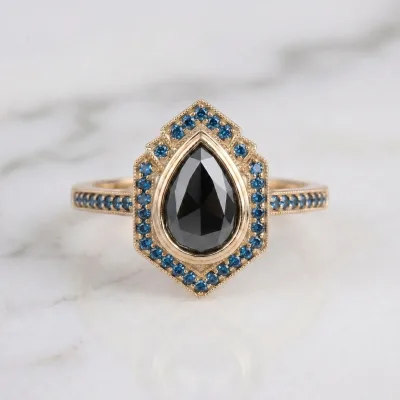 Black Pear Diamond Engagement Ring, Vintage Art Deco Blue Diamond Halo Ring, Unique Yellow Gold Teardrop Ring, Alternative Bridal Jewelry
