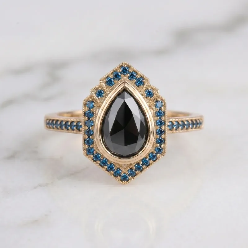 Black Pear Diamond Engagement Ring, Vintage Art Deco Blue Diamond Halo Ring, Unique Yellow Gold Teardrop Ring, Alternative Bridal Jewelry