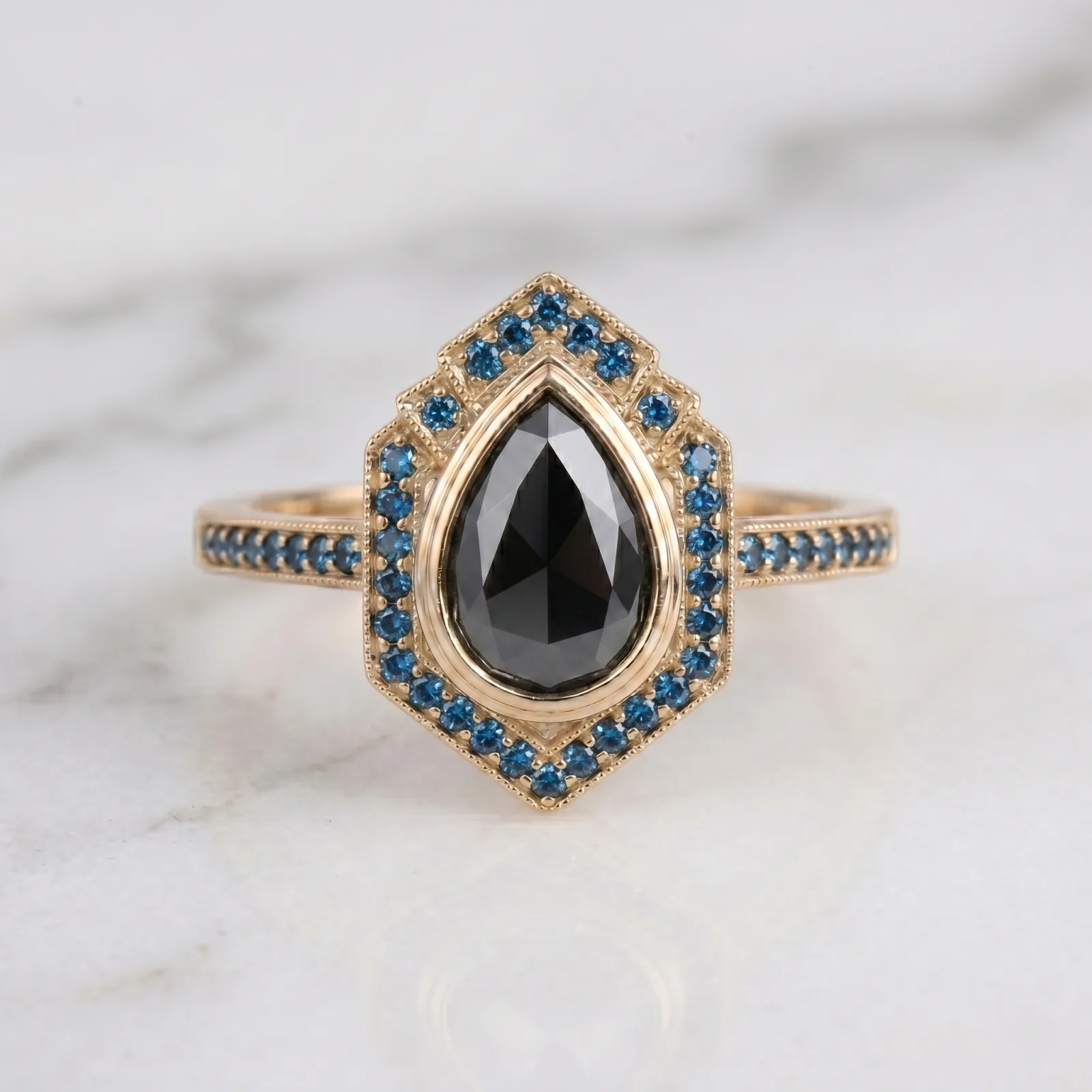 Black Pear Diamond Engagement Ring, Vintage Art Deco Blue Diamond Halo Ring, Unique Yellow Gold Teardrop Ring, Alternative Bridal Jewelry