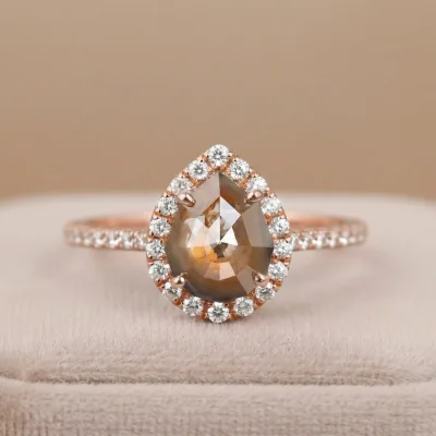 1.70 CT Salt And Pepper Step Cut Pear Orange Color Diamond 10K & 14K Gold Halo Diamond Wedding Or Engagement Ring, Handmade Jewelry Gift For Her