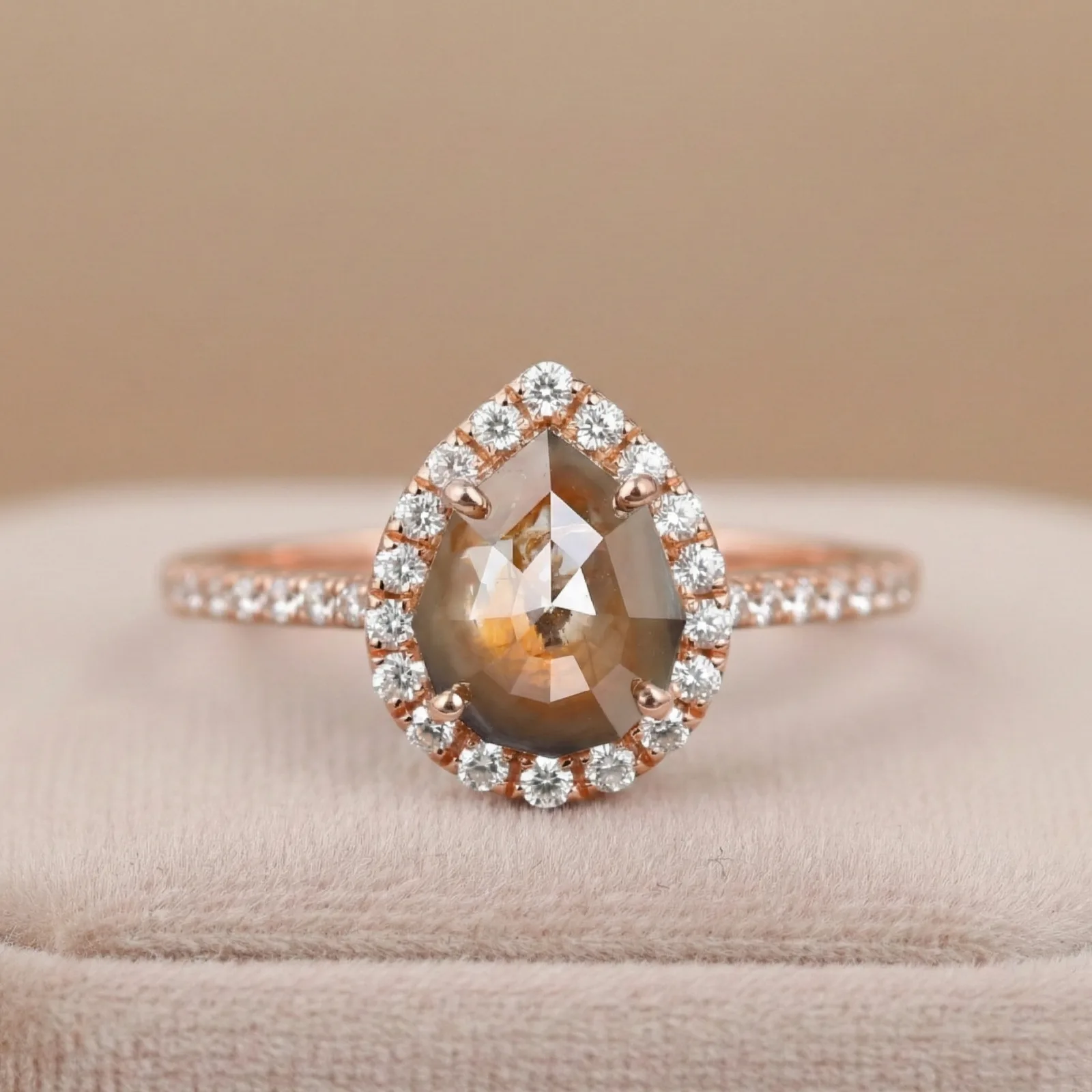 1.70 CT Salt And Pepper Step Cut Pear Orange Color Diamond 10K & 14K Gold Halo Diamond Wedding Or Engagement Ring, Handmade Jewelry Gift For Her
