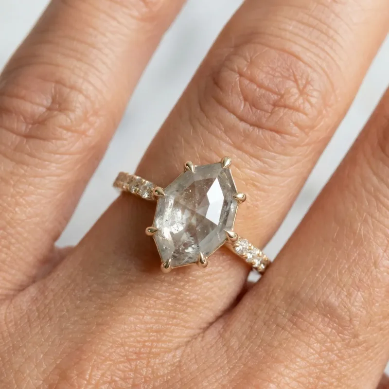 1.25 Ct Salt and Pepper Step Cut Marquise Grey Color Solitaire Diamond Pave Setting 10K Yellow Gold Art Deco Engagement - Wedding Or Promise Ring