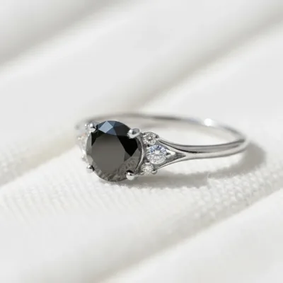 Round Black Diamond Engagement Ring in 14K White Gold, Art Deco Dainty Promise Ring, Unique Wedding Ring for Women, Vintage Style Anniversa