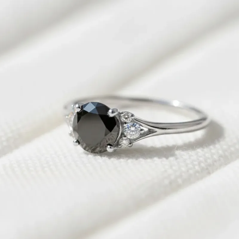 Round Black Diamond Engagement Ring in 14K White Gold, Art Deco Dainty Promise Ring, Unique Wedding Ring for Women, Vintage Style Anniversa