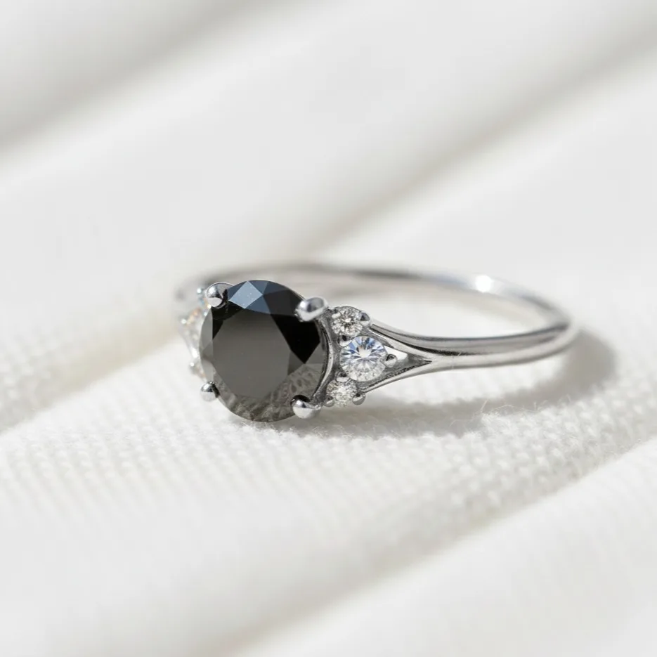 Round Black Diamond Engagement Ring in 14K White Gold, Art Deco Dainty Promise Ring, Unique Wedding Ring for Women, Vintage Style Anniversa