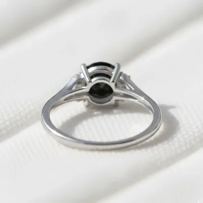 Round Black Diamond Engagement Ring in 14K White Gold, Art Deco Dainty Promise Ring, Unique Wedding Ring for Women, Vintage Style Anniversa