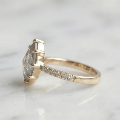 1.25 Ct Salt and Pepper Step Cut Marquise Grey Color Solitaire Diamond Pave Setting 10K Yellow Gold Art Deco Engagement - Wedding Or Promise Ring