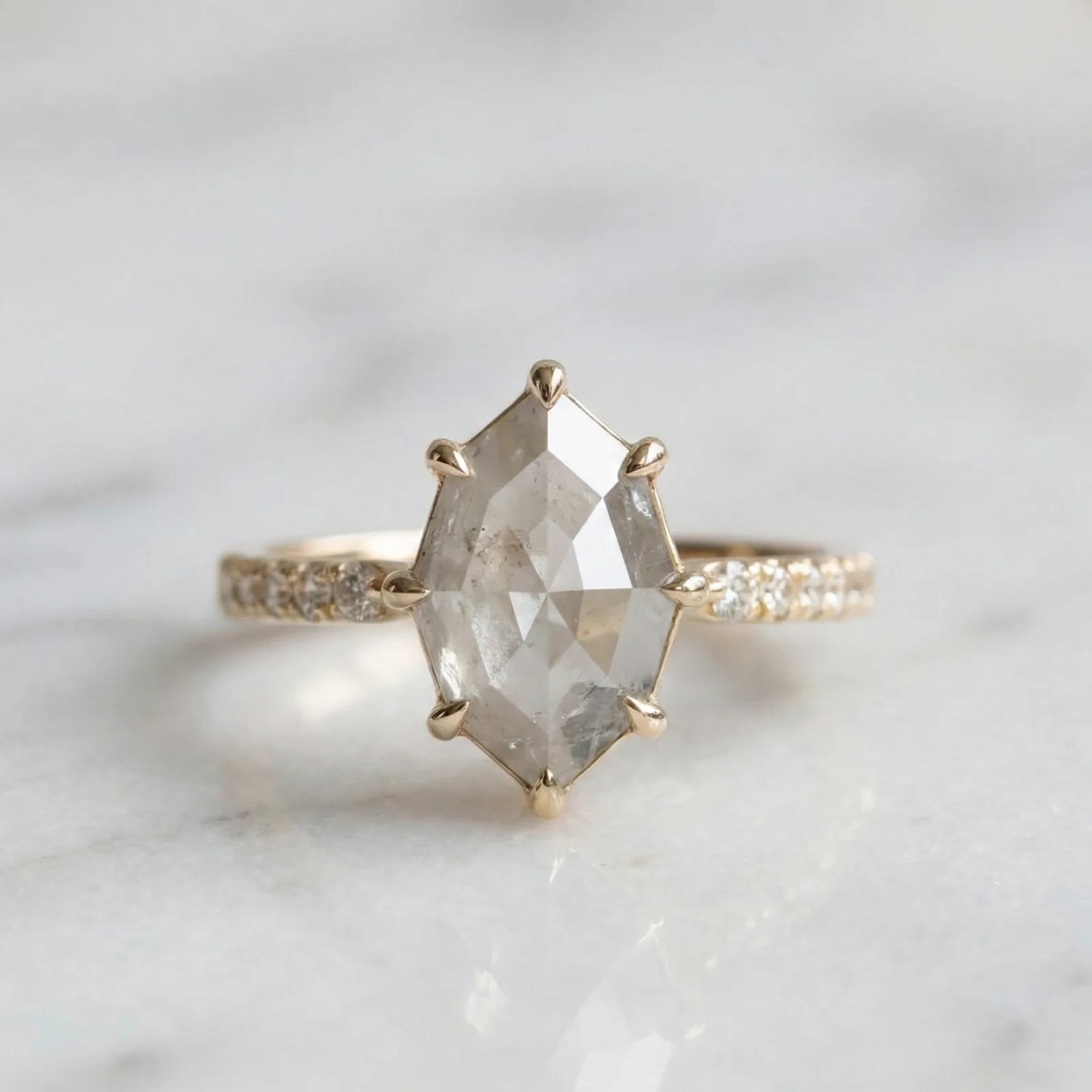 1.25 Ct Salt and Pepper Step Cut Marquise Grey Color Solitaire Diamond Pave Setting 10K Yellow Gold Art Deco Engagement - Wedding Or Promise Ring