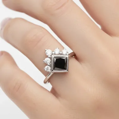 3.25 Ct Natural Black Princess Diamond 14k Gold Bezel Set Art Deco Crown Engament & Wedding Ring Gift For Her