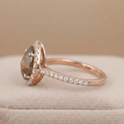 1.70 CT Salt And Pepper Step Cut Pear Orange Color Diamond 10K & 14K Gold Halo Diamond Wedding Or Engagement Ring, Handmade Jewelry Gift For Her