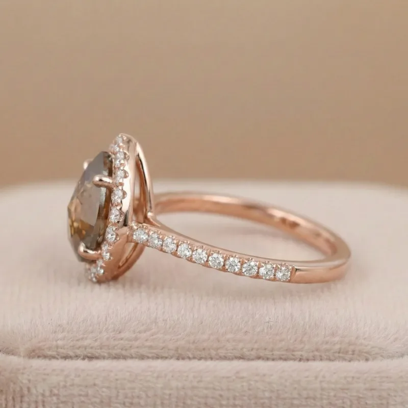 1.70 CT Salt And Pepper Step Cut Pear Orange Color Diamond 10K & 14K Gold Halo Diamond Wedding Or Engagement Ring, Handmade Jewelry Gift For Her