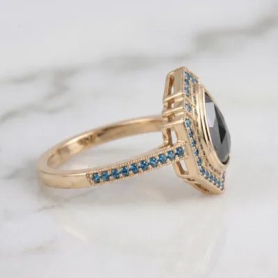 Black Pear Diamond Engagement Ring, Vintage Art Deco Blue Diamond Halo Ring, Unique Yellow Gold Teardrop Ring, Alternative Bridal Jewelry