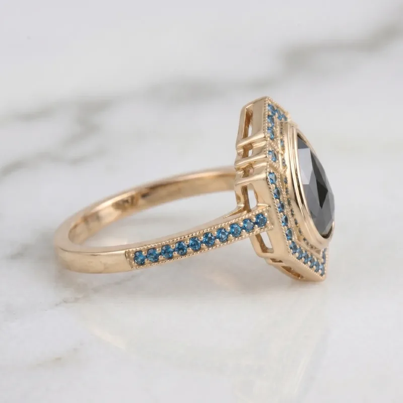 Black Pear Diamond Engagement Ring, Vintage Art Deco Blue Diamond Halo Ring, Unique Yellow Gold Teardrop Ring, Alternative Bridal Jewelry