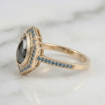 Black Pear Diamond Engagement Ring, Vintage Art Deco Blue Diamond Halo Ring, Unique Yellow Gold Teardrop Ring, Alternative Bridal Jewelry