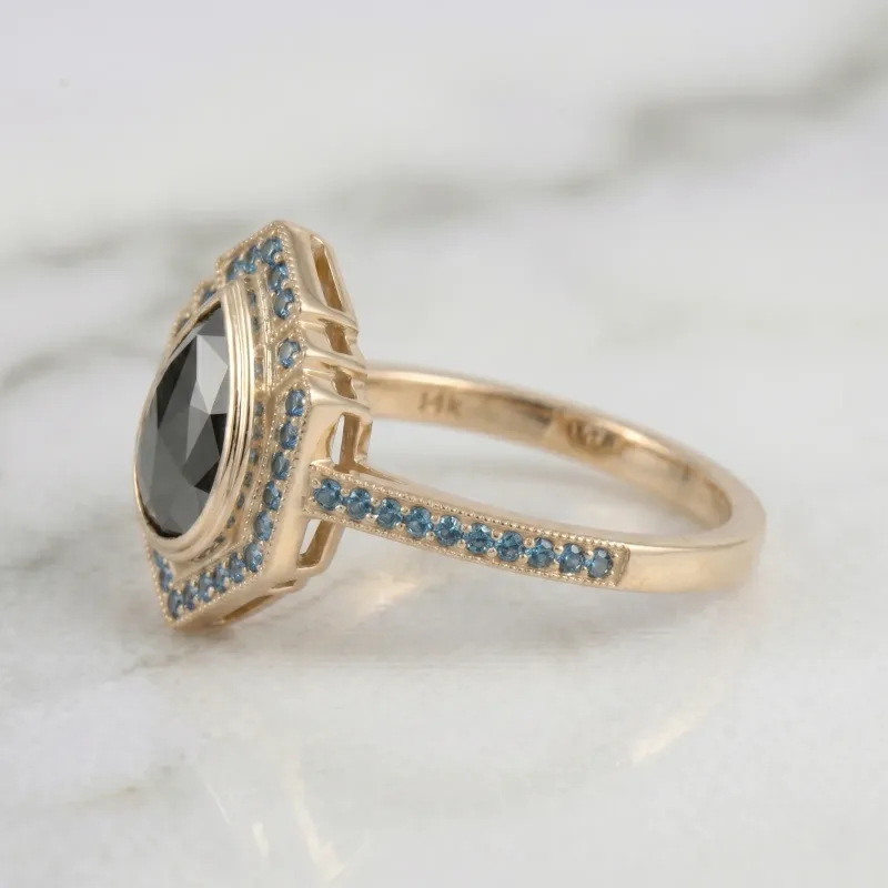 Black Pear Diamond Engagement Ring, Vintage Art Deco Blue Diamond Halo Ring, Unique Yellow Gold Teardrop Ring, Alternative Bridal Jewelry