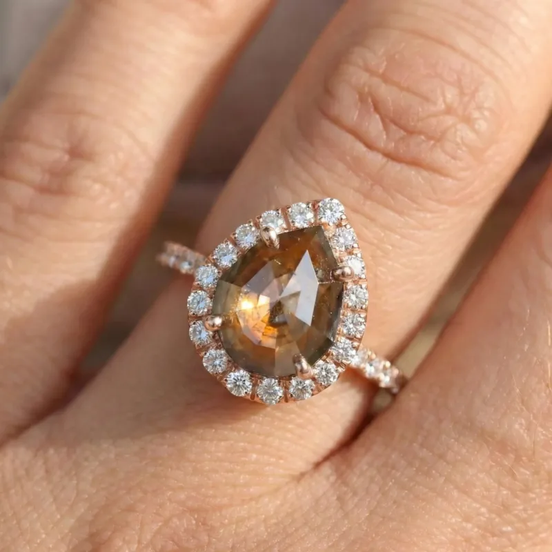 1.70 CT Salt And Pepper Step Cut Pear Orange Color Diamond 10K & 14K Gold Halo Diamond Wedding Or Engagement Ring, Handmade Jewelry Gift For Her