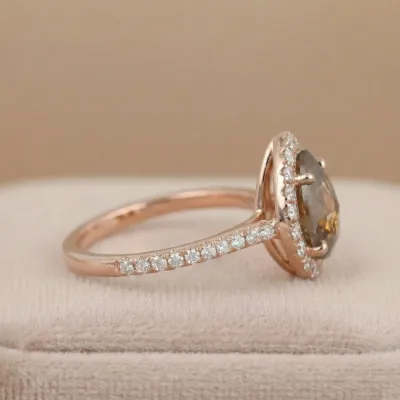 1.70 CT Salt And Pepper Step Cut Pear Orange Color Diamond 10K & 14K Gold Halo Diamond Wedding Or Engagement Ring, Handmade Jewelry Gift For Her