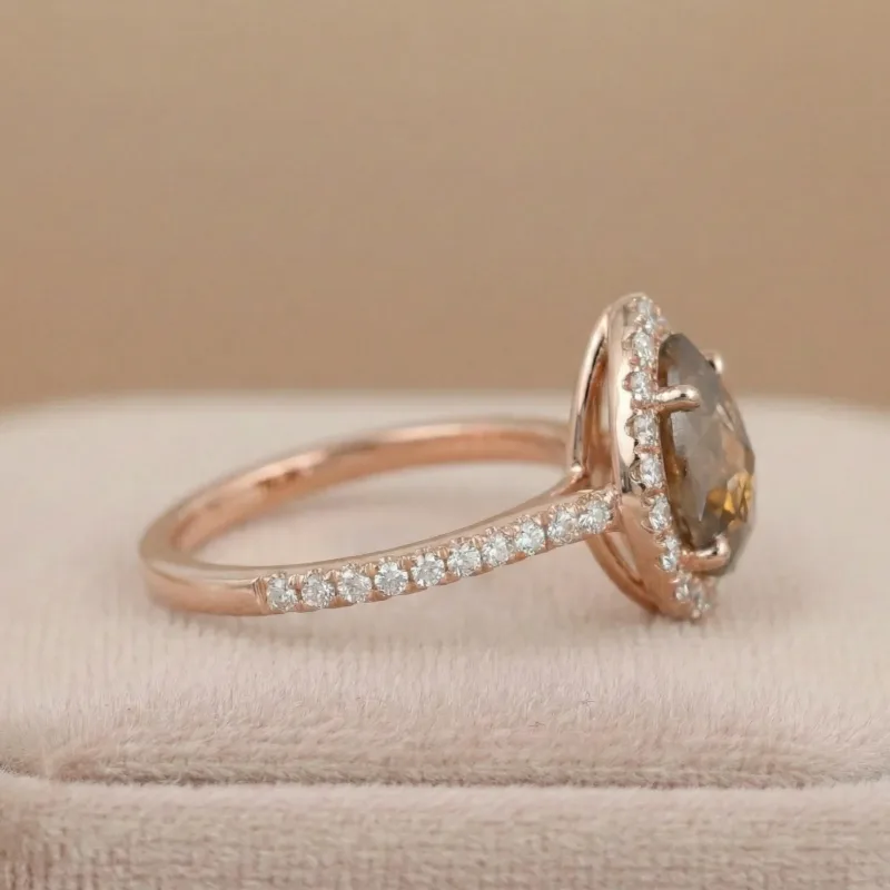 1.70 CT Salt And Pepper Step Cut Pear Orange Color Diamond 10K & 14K Gold Halo Diamond Wedding Or Engagement Ring, Handmade Jewelry Gift For Her